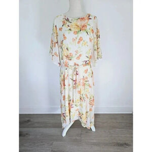 Versona Orange Yellow Floral Tropical Hawaiian Flutter Sleeves Midi Dress 12 L